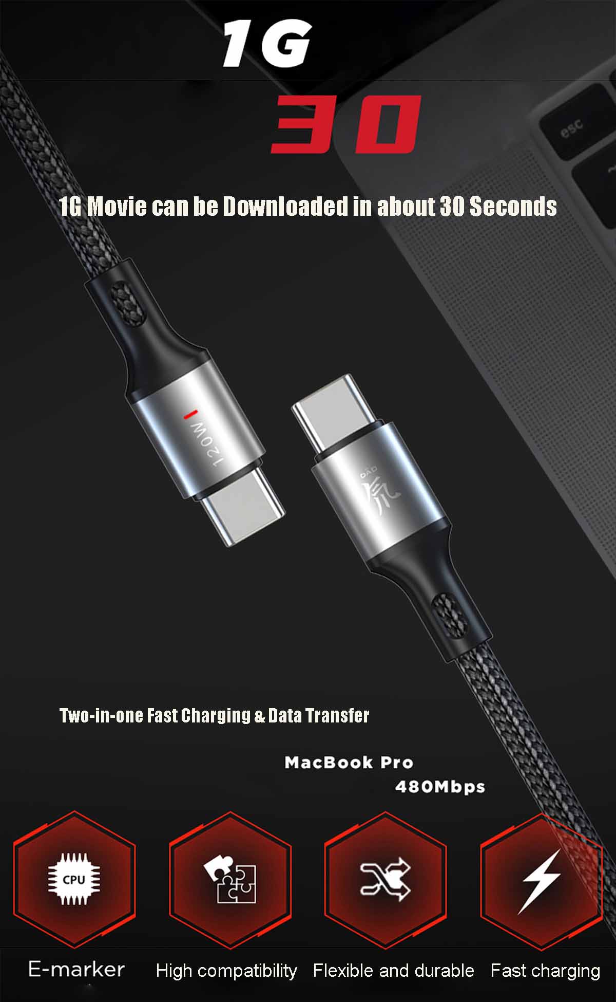 Nubia C2C 6A Max 120W Braided Fast Charge Data Cable