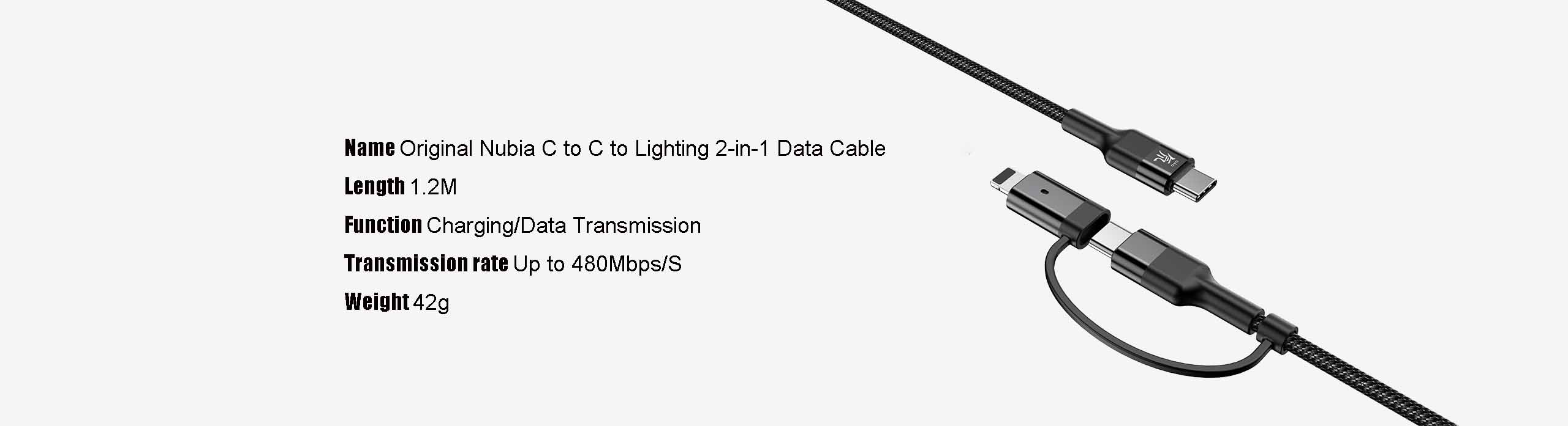Original Nubia Type-C to Type-C/Lighting 60W Super Fast Charge 2-in-1 Data Cable