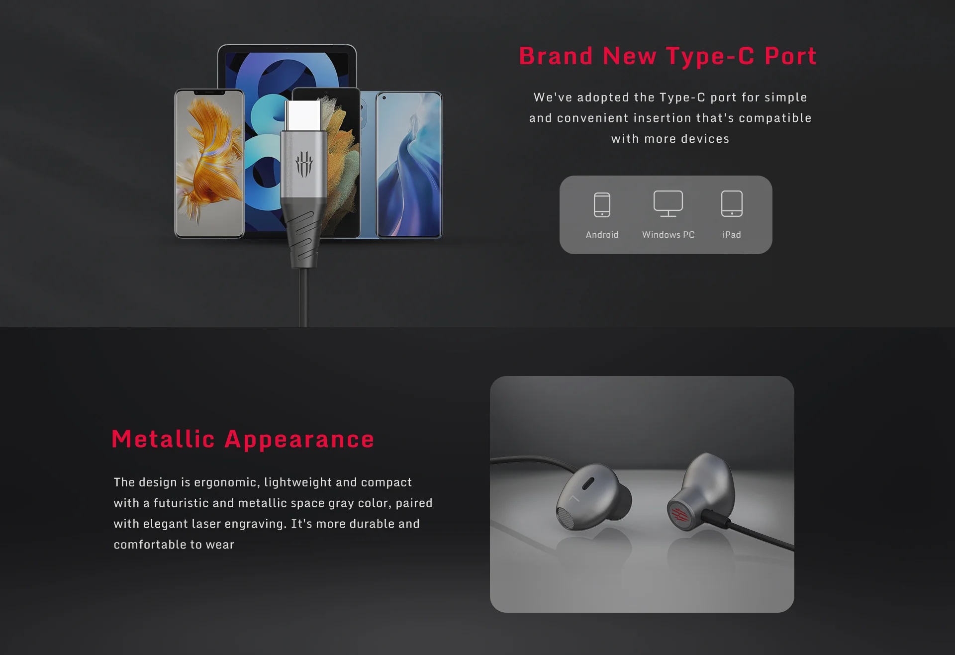 Original Nubia New Gaming Earphones Type-C Interface Semi In-Ear Design